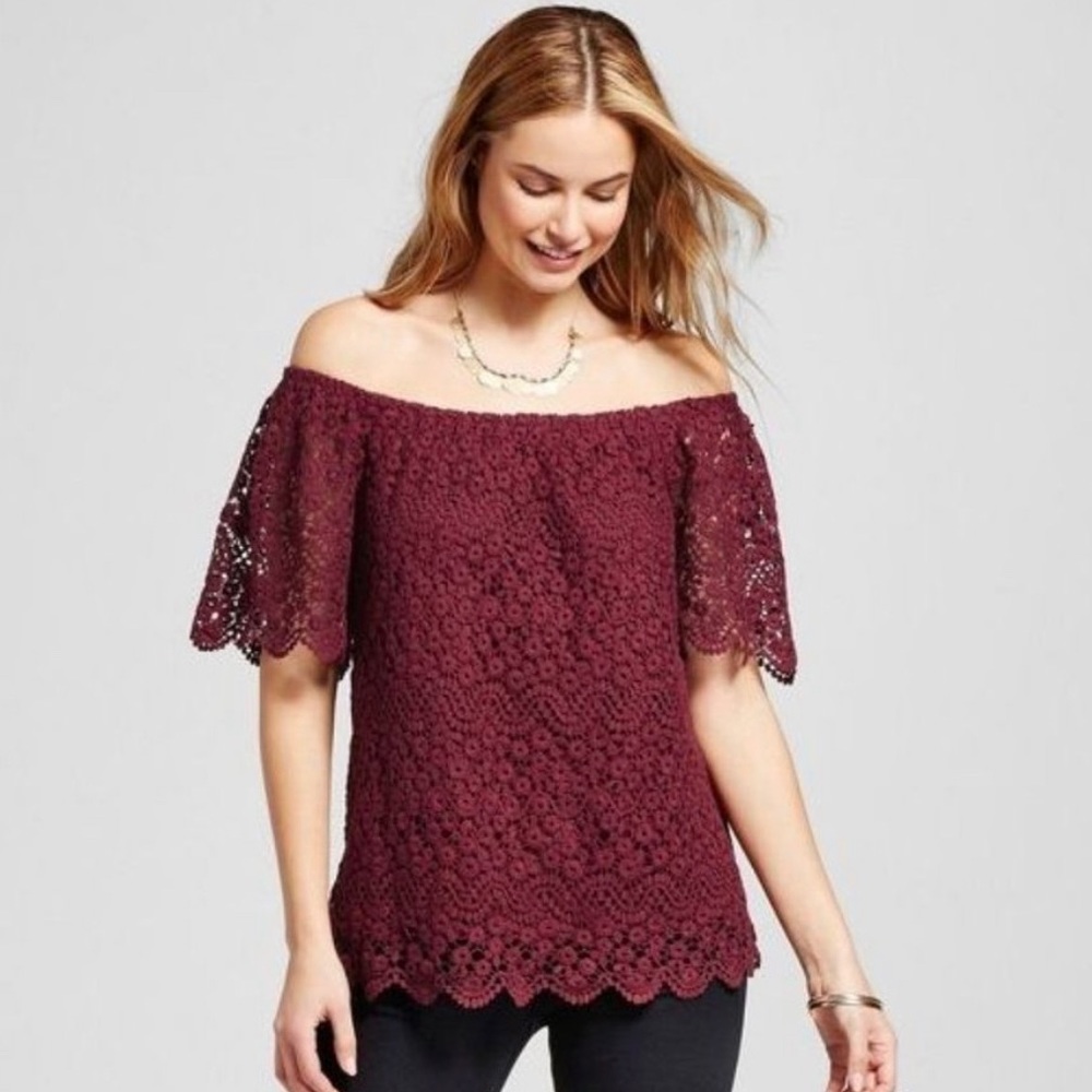 Maroon Lace Off-The-Shoulder Top- medium